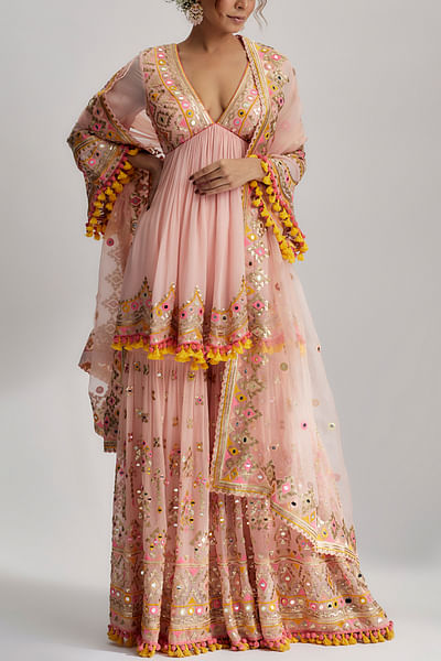 Pink mirror embroidered sharara set