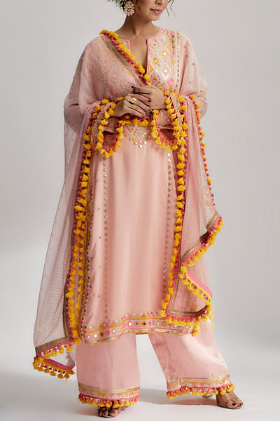 Pink mirror embroidery kurta set