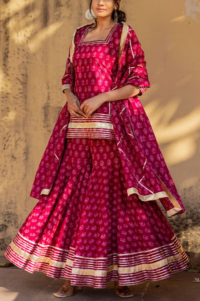 Pink motif print sharara set