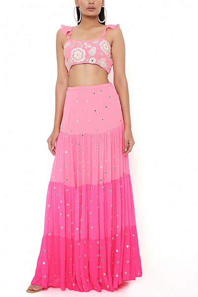 Pink ombre embroidered gathered skirt set