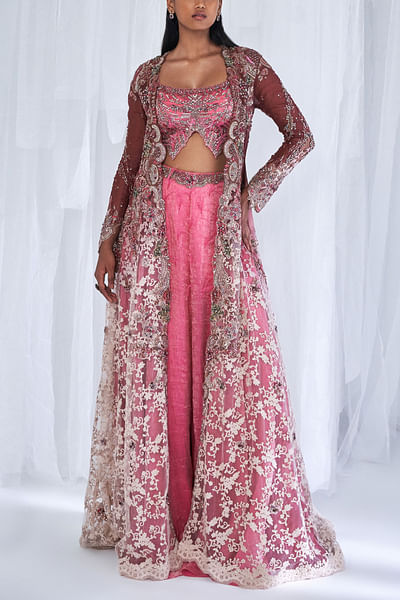 Pink ombre embroidered jacket and sharara set