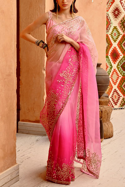 Pink ombre gota patti embroidery saree set