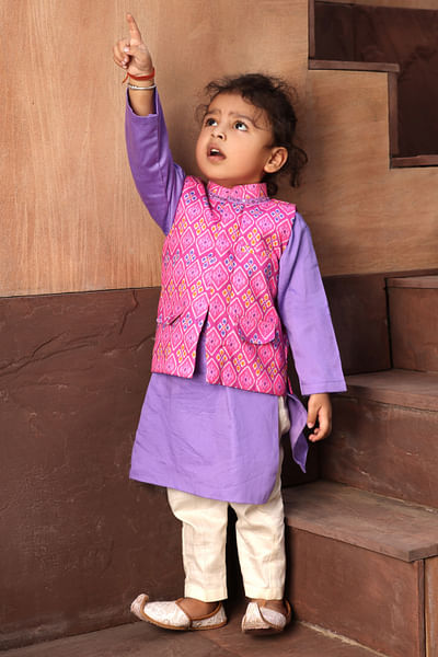 Pink patola print Nehru jacket and kurta set