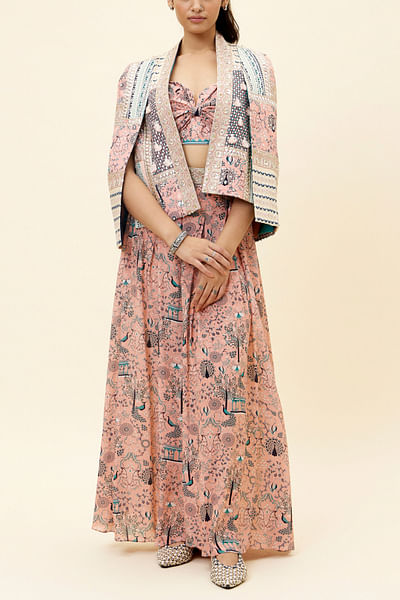 Pink peacock print cape jacket set