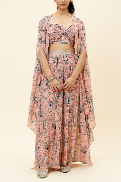 Pink peacock print cape set