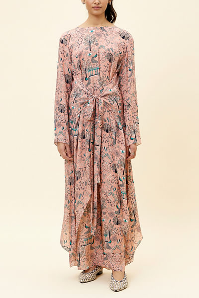 Pink peacock print front tie-up tunic set