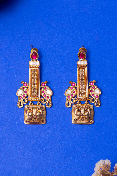 Pink peacock temple earrings