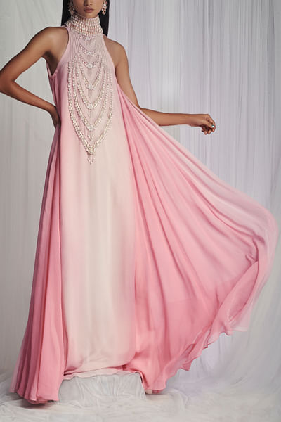 Pink pearl embellished ombre gown