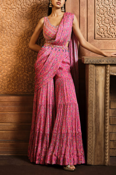 Pink persian print draped sharara sari set