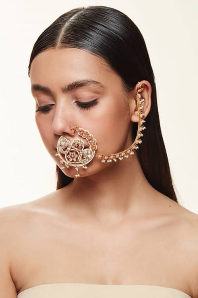 Pink polki elephant clip-on nose ring with extension