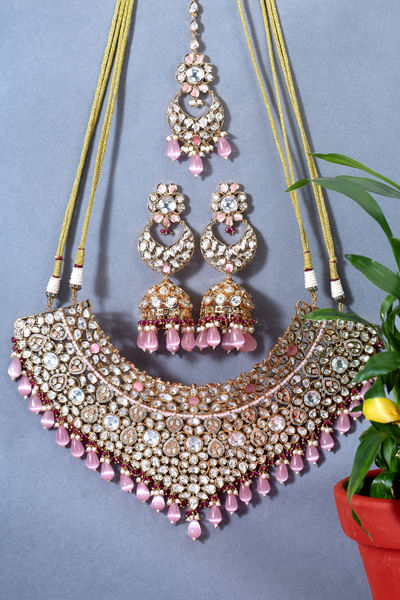 Pink polki kundan bridal choker set