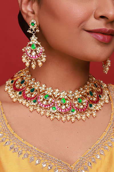Pink polki kundan gold finished necklace set