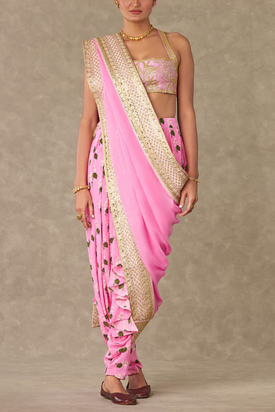 Pink printed dhoti sari set