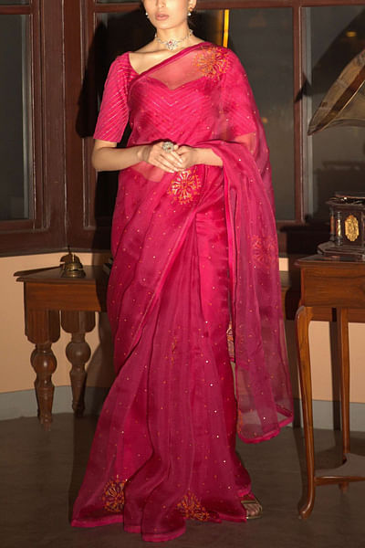 Pink resham embroidered sari set