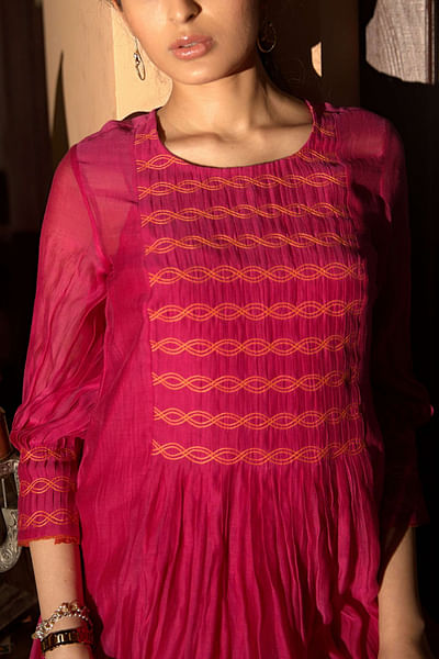 Pink resham embroidery and pintucks dress