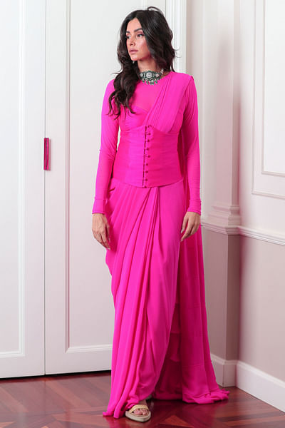 Pink ruffled georgette sari and corset set