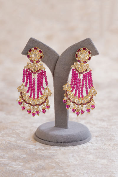 Pink semi-precious stone and moissanite polki earrings