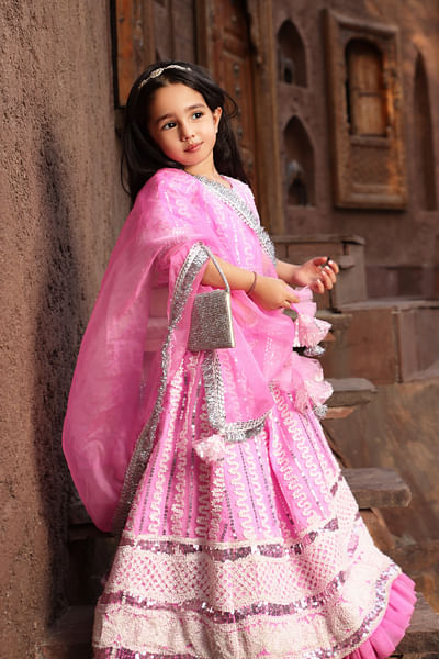 Pink sequin and lace embroidery lehenga set