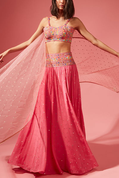 Pink sequin and thread embroidered lehenga set