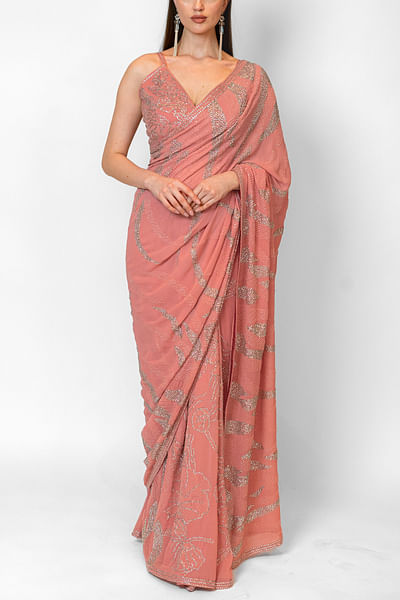 Pink sequin embellished sari set