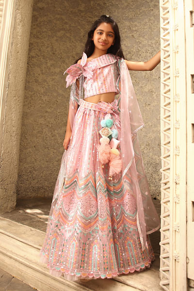 Pink sequin embroidery skirt set