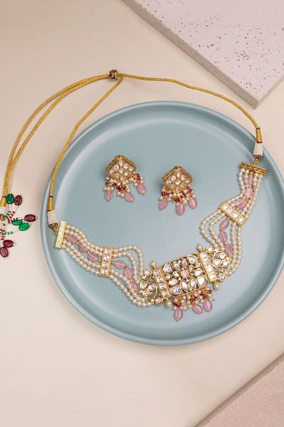 Pink stone and kundan choker set