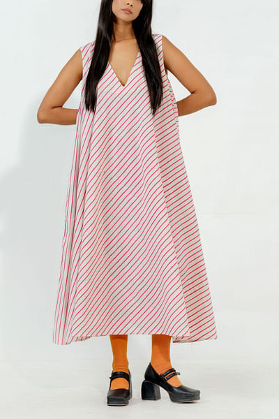 Pink stripe print flared dress