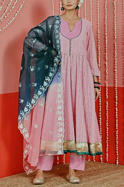 Pink thread embroidery anarkali set