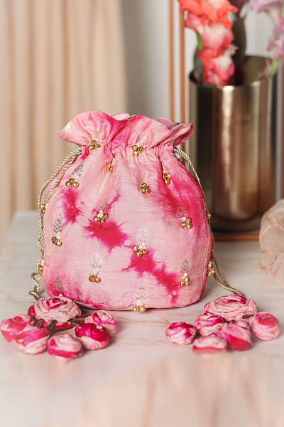 Pink tie-dye embellished potli bag