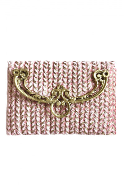 Pink velvet cord aari work clutch
