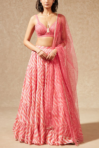 Pink wavy chevron printed tiered lehenga set