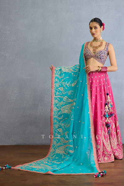 Pink zari and dori embroidered lehenga set