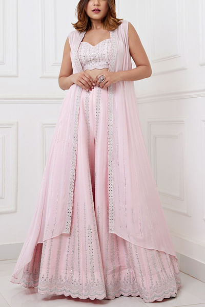 Pink zari and mirror embroidery jacket set