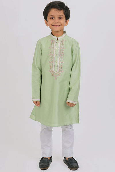 Pista green and white embroidered kurta set
