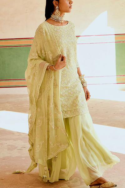 Pista green chikankari embroidered kurta and gharara set
