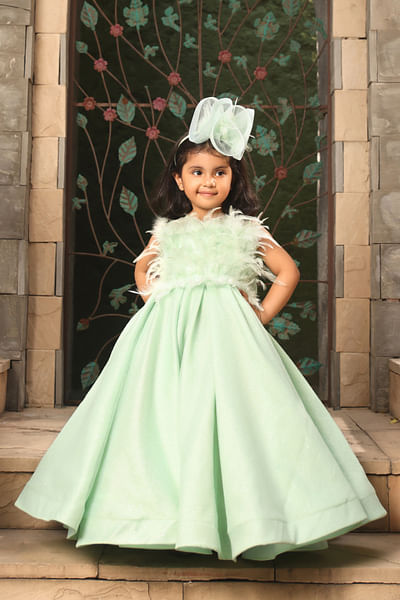 Pista green feather detail gown