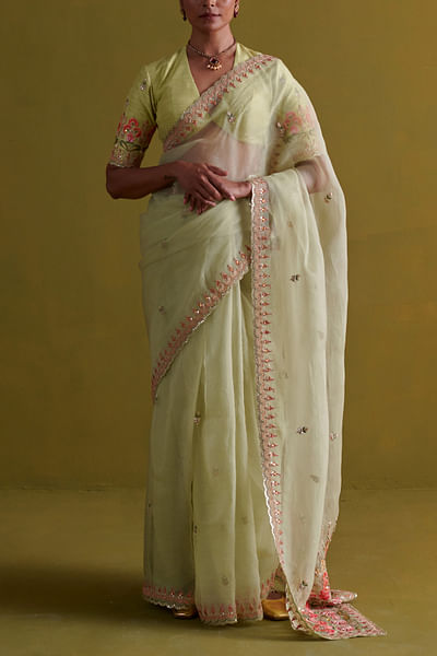 Pista green floral embroidery sari set