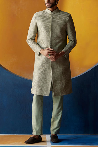 Pista green kasab embroidery sherwani set