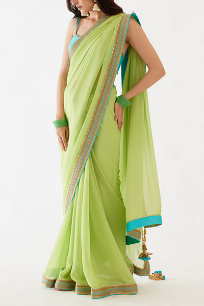 Pista green sequin and gota embellished sari set