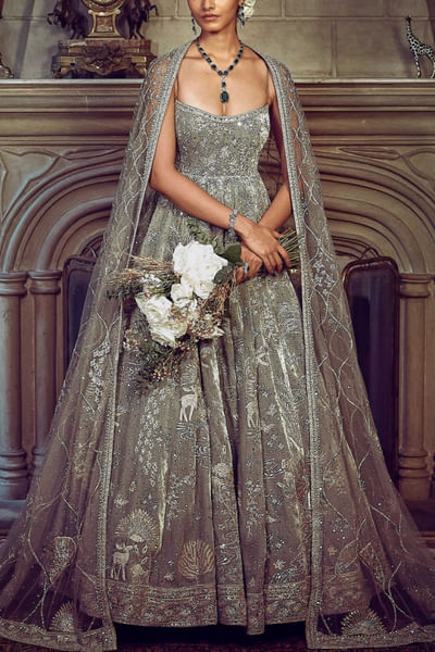 Pista green zardozi embroidered gown