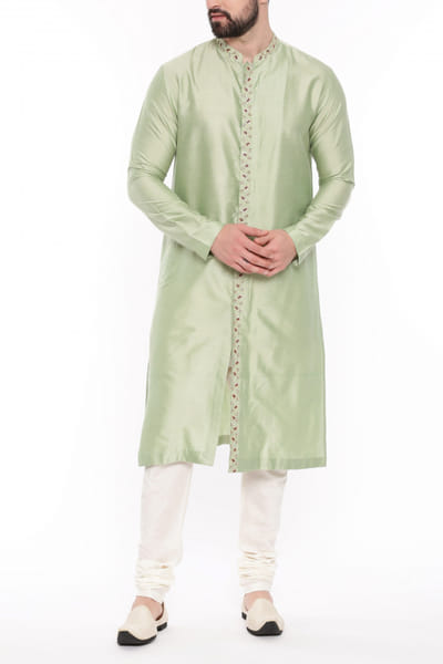 Pista green zari embroidered kurta set