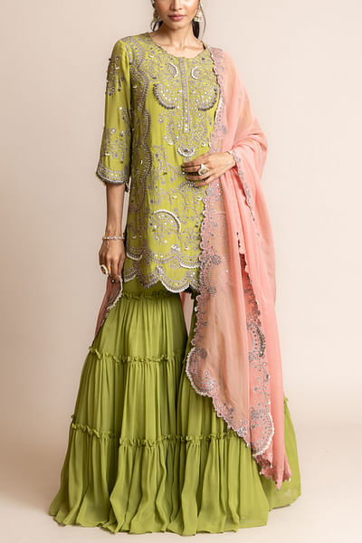Pista mirror embellished kurta and tiered sharara set