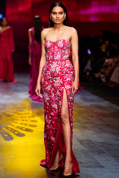 Plum floral thread and sequin embellished gown