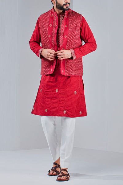 Pompeian red embroidered Nehru jacket