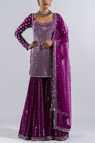 Pop wine embellished sharara set