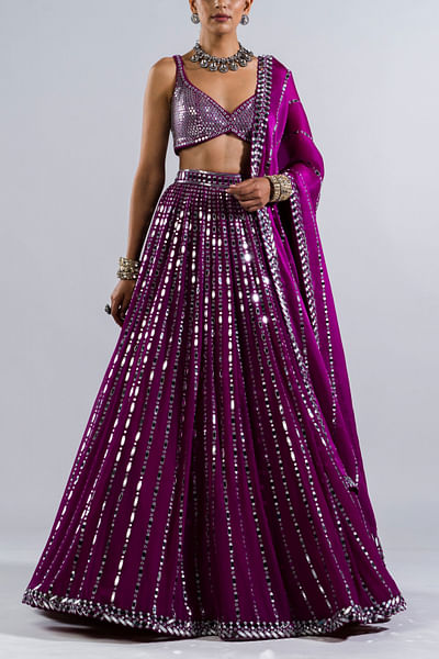 Pop wine mirror embellished lehenga set