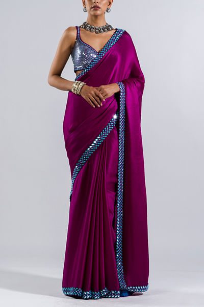 Pop wine mirror embellished sari set