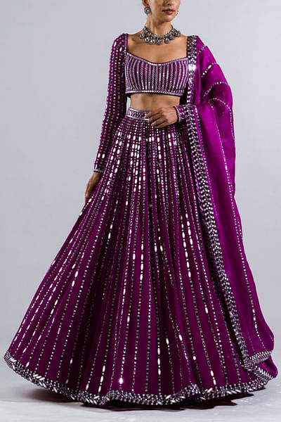 Pop wine mirror embroidered lehenga set
