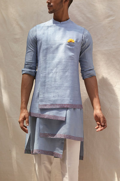 Powder blue asymmetric thread embroidery bandi set