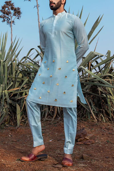 Powder blue boat motif embroidery kurta set